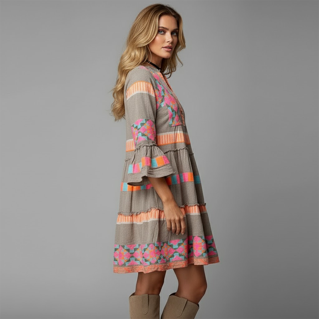Elowen – Vestido bohemio colorido con mangas acampanadas para mujer