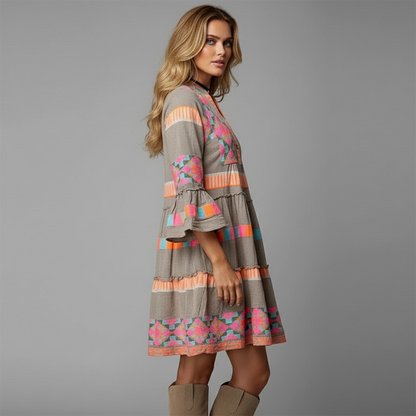 Elowen – Vestido bohemio colorido con mangas acampanadas para mujer