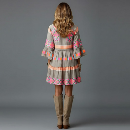 Elowen – Vestido bohemio colorido con mangas acampanadas para mujer