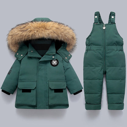 LUKA - Conjunto de invierno para niños con capucha de piel sintética y mono de esquí para niños y niñas