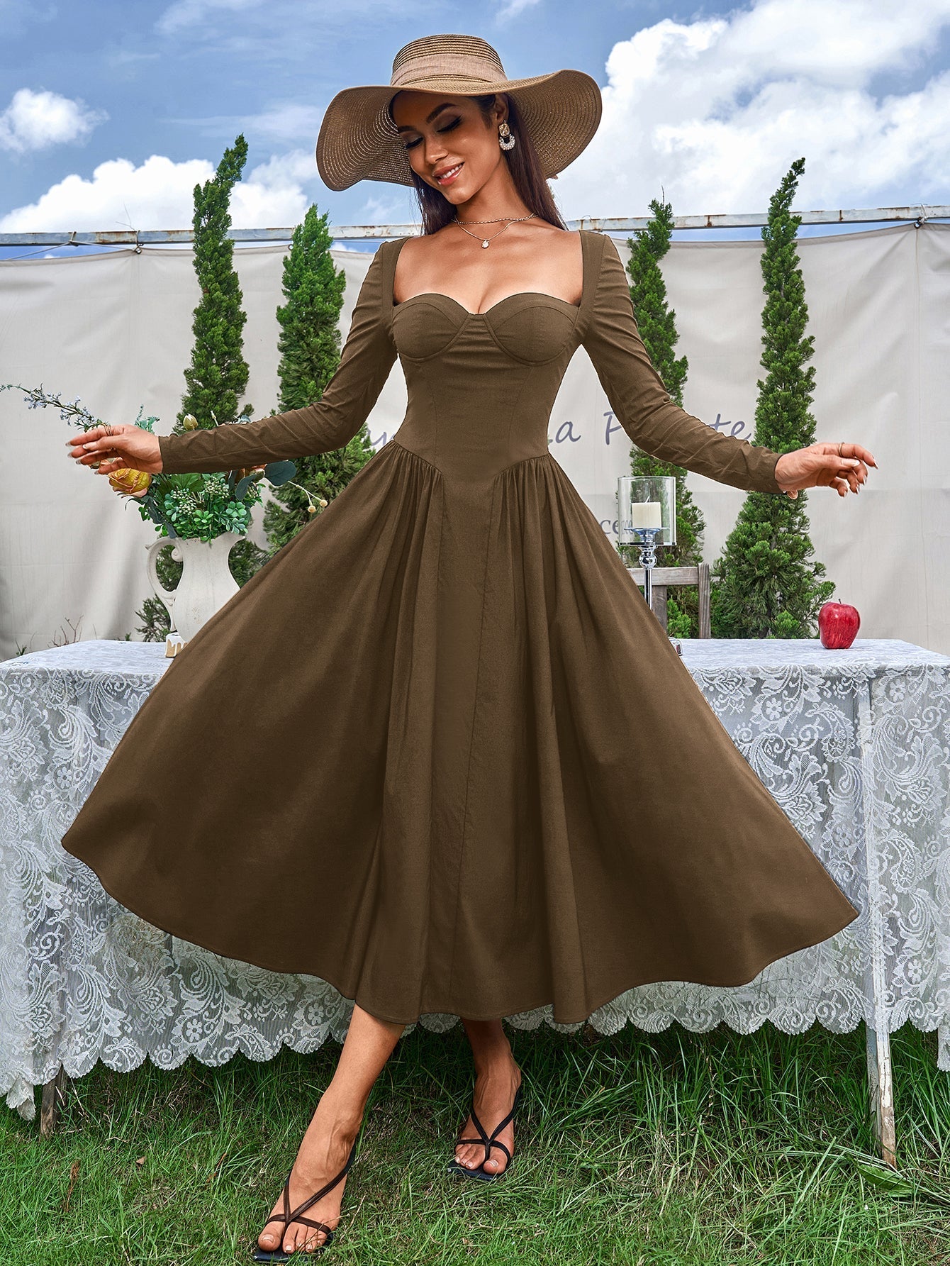 Seraphina – Vestido de línea A con manga larga y lazo en la espalda para mujer
