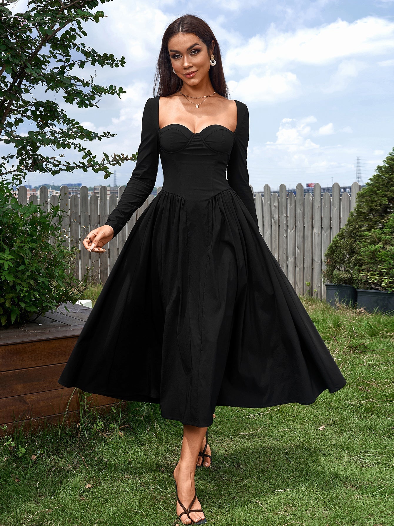 Seraphina – Vestido de línea A con manga larga y lazo en la espalda para mujer
