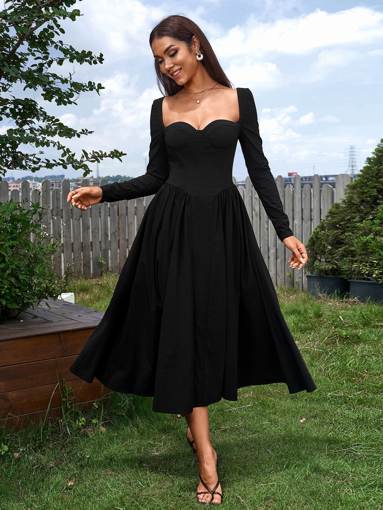 Seraphina – Vestido de línea A con manga larga y lazo en la espalda para mujer
