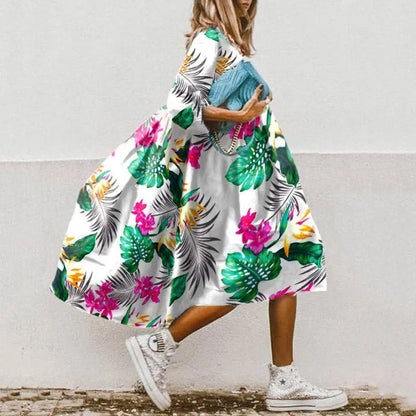 Vestido midi holgado de mujer con mangas abullonadas – MARGARITA