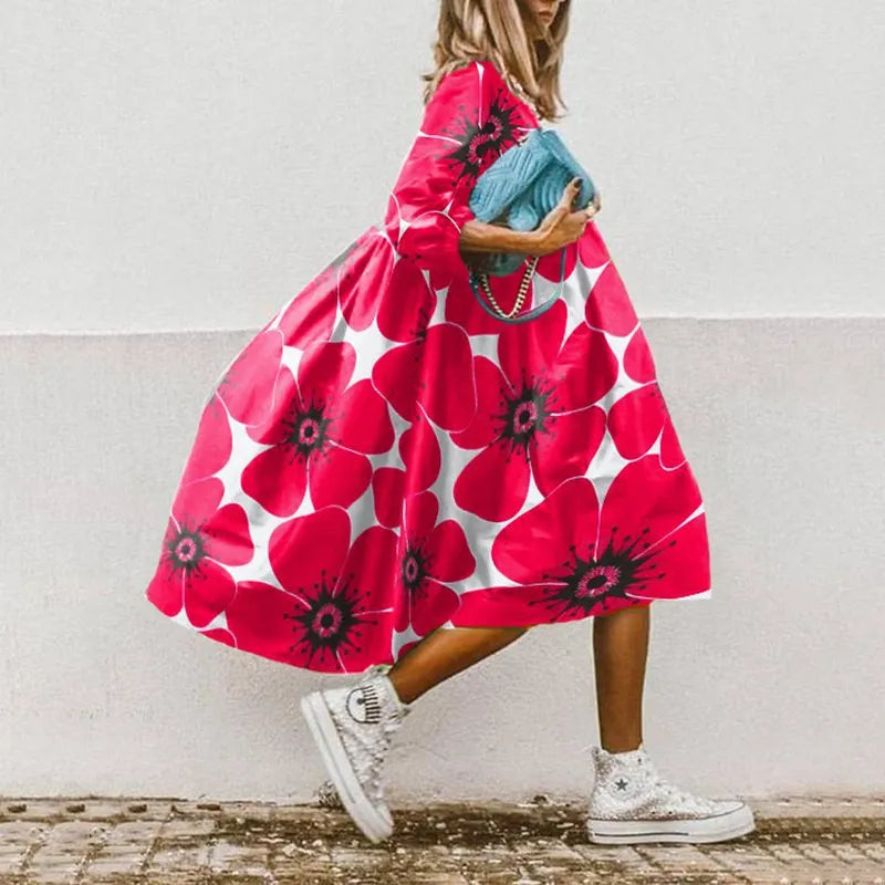 Vestido midi holgado de mujer con mangas abullonadas – MARGARITA