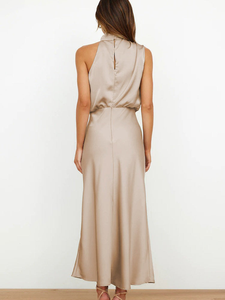 Estella – Vestido midi elegante de satén con cuello drapeado para mujer