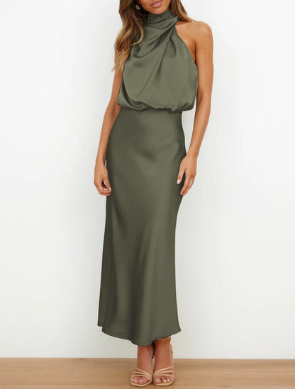 Estella – Vestido midi elegante de satén con cuello drapeado para mujer