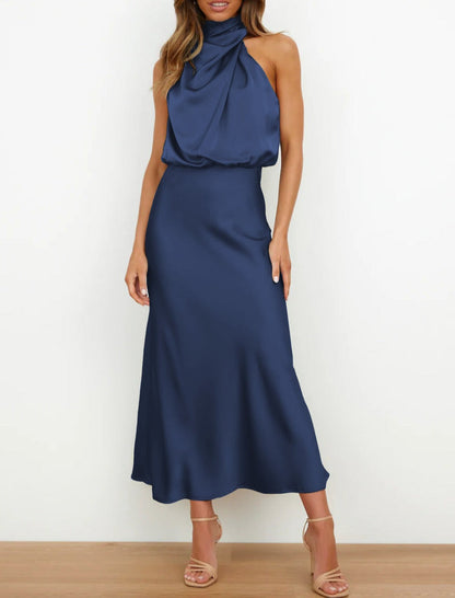 Estella – Vestido midi elegante de satén con cuello drapeado para mujer