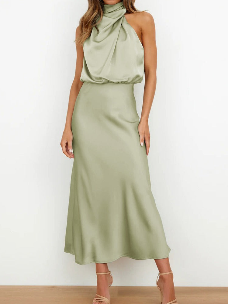 Estella – Vestido midi elegante de satén con cuello drapeado para mujer