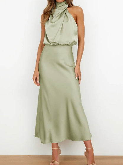 Estella – Vestido midi elegante de satén con cuello drapeado para mujer