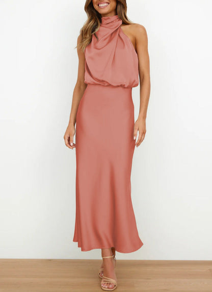 Estella – Vestido midi elegante de satén con cuello drapeado para mujer