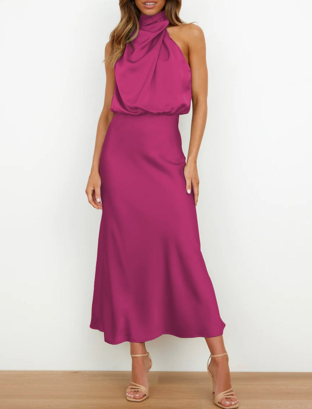 Estella – Vestido midi elegante de satén con cuello drapeado para mujer