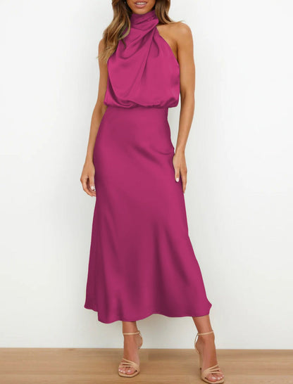 Estella – Vestido midi elegante de satén con cuello drapeado para mujer