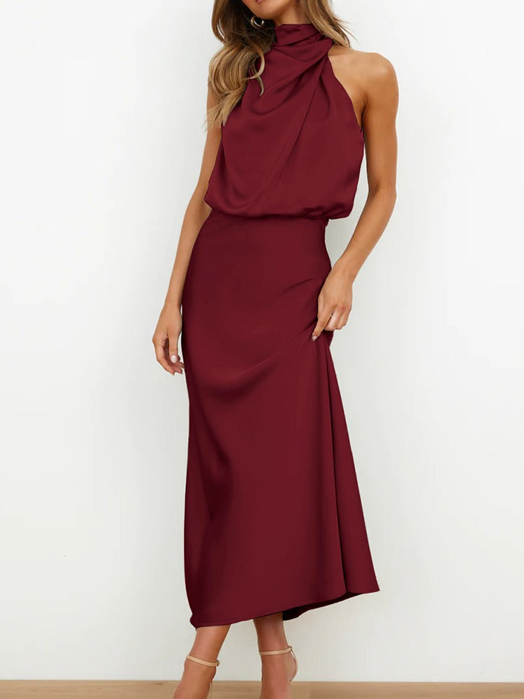 Estella – Vestido midi elegante de satén con cuello drapeado para mujer