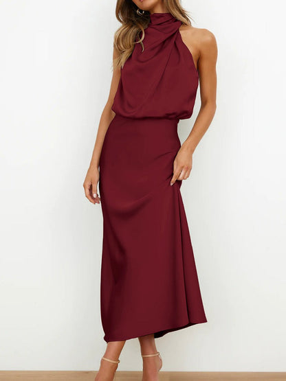 Estella – Vestido midi elegante de satén con cuello drapeado para mujer