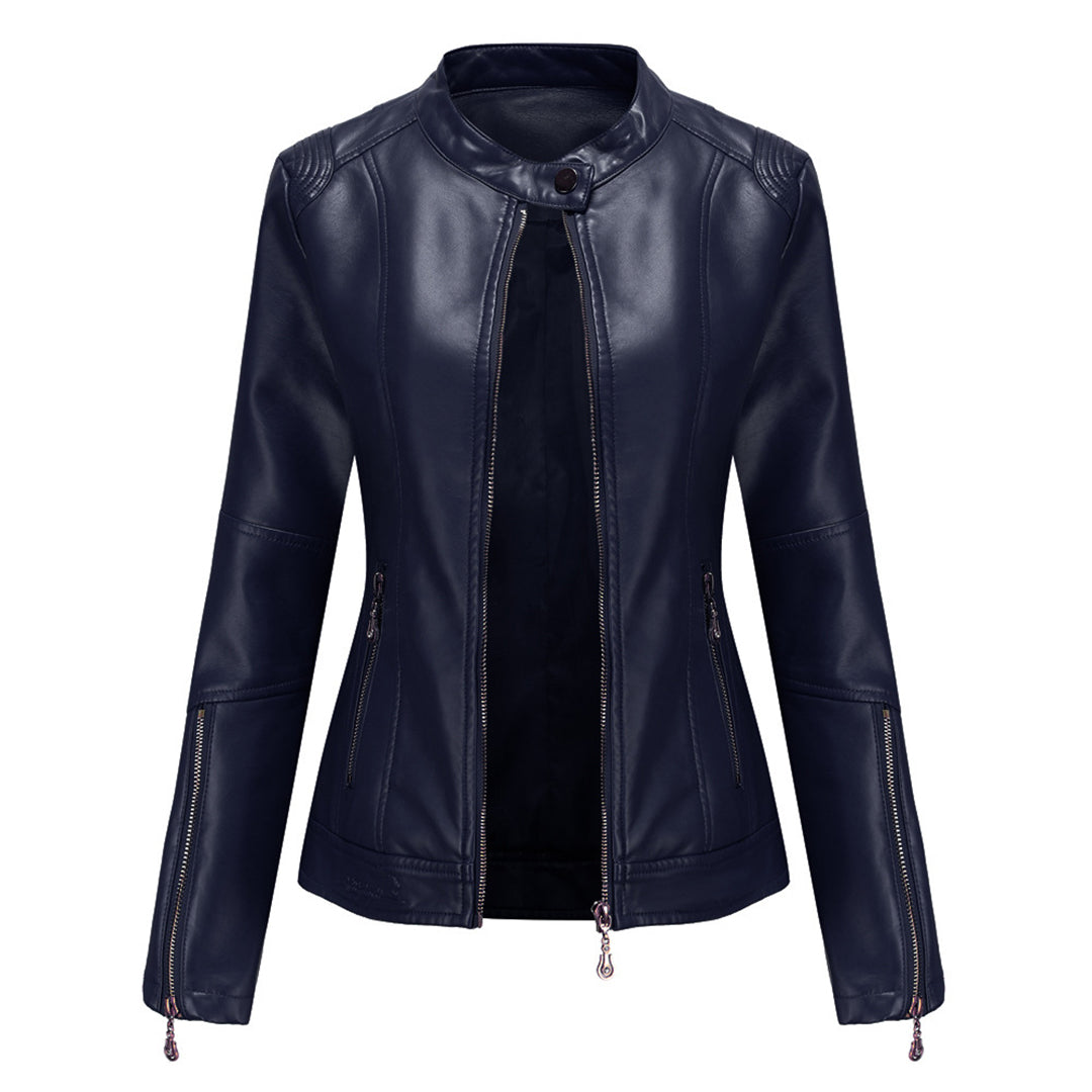 FENNA – Chaqueta de cuero elegante con cuello redondo y cierre de botones para mujer