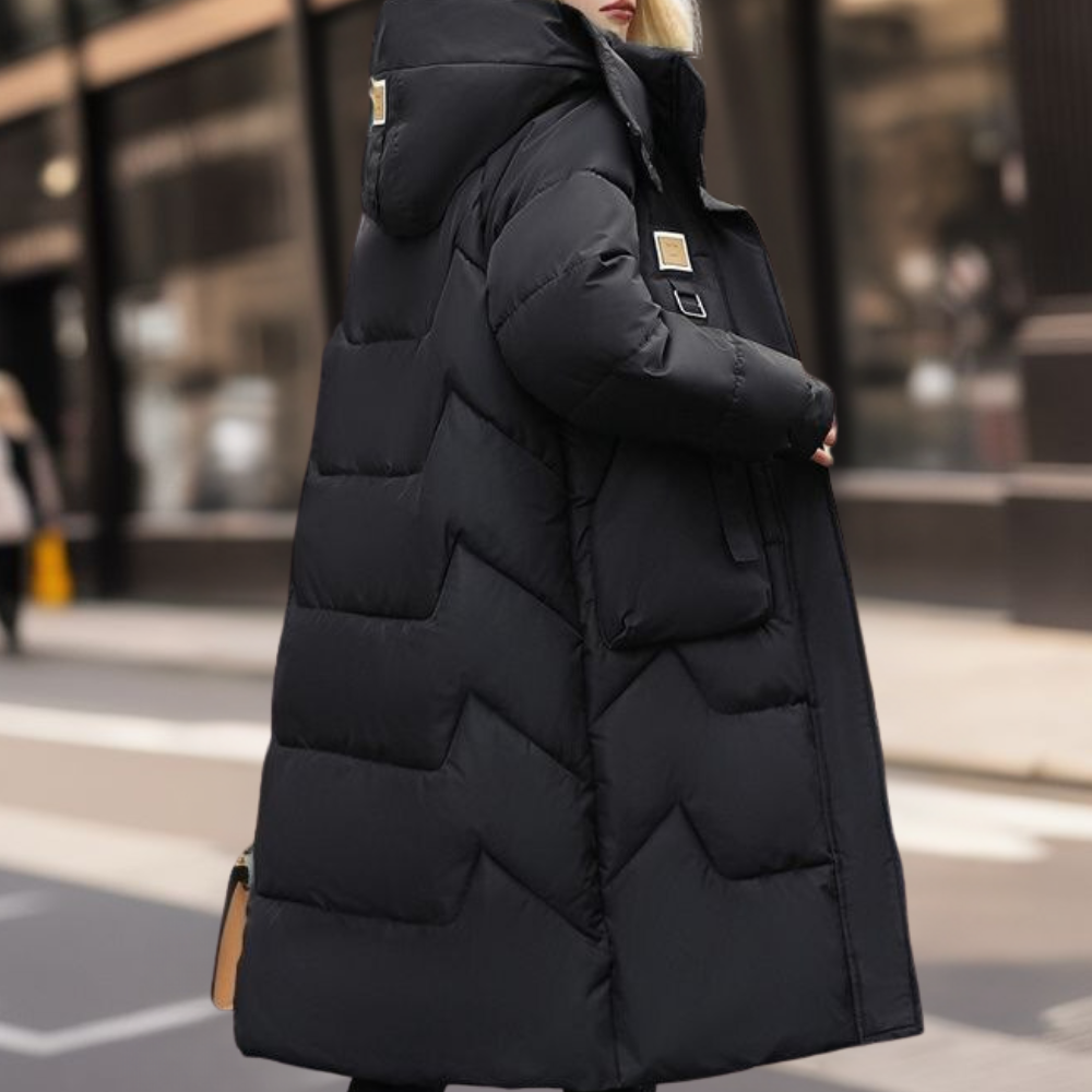 LIA - Abrigo largo acolchado con capucha para mujer