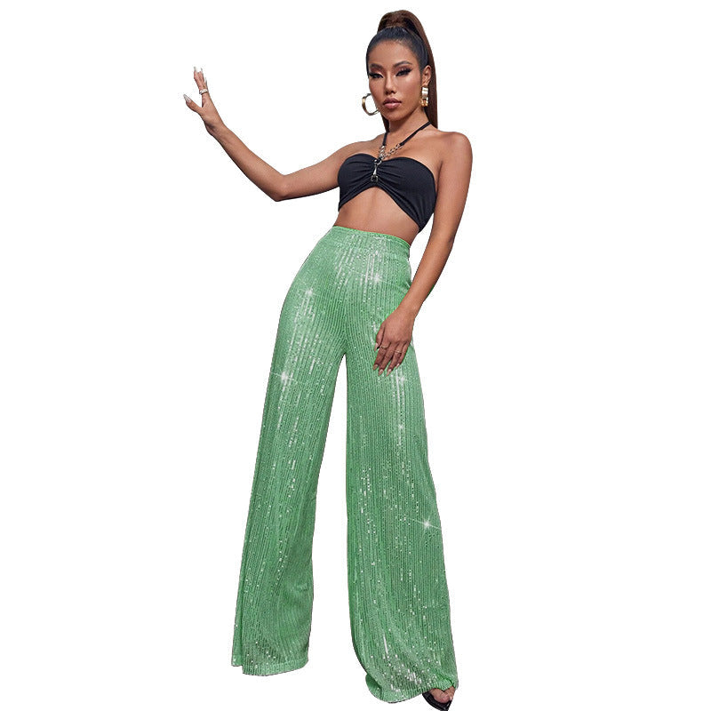 Pantalón de lentejuelas con talle alto y pierna ancha – DAHLIA