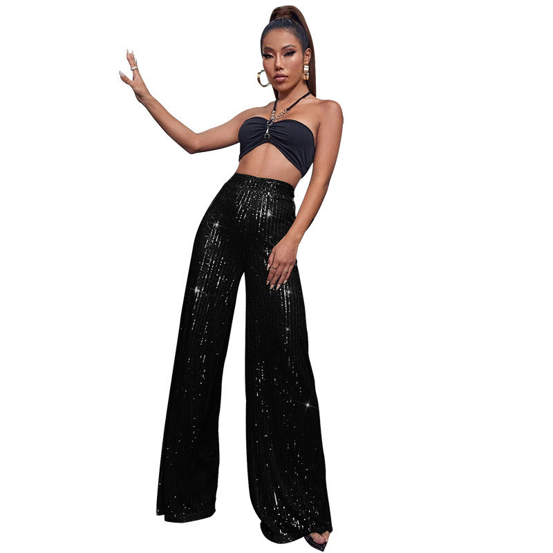 Pantalón de lentejuelas con talle alto y pierna ancha – DAHLIA