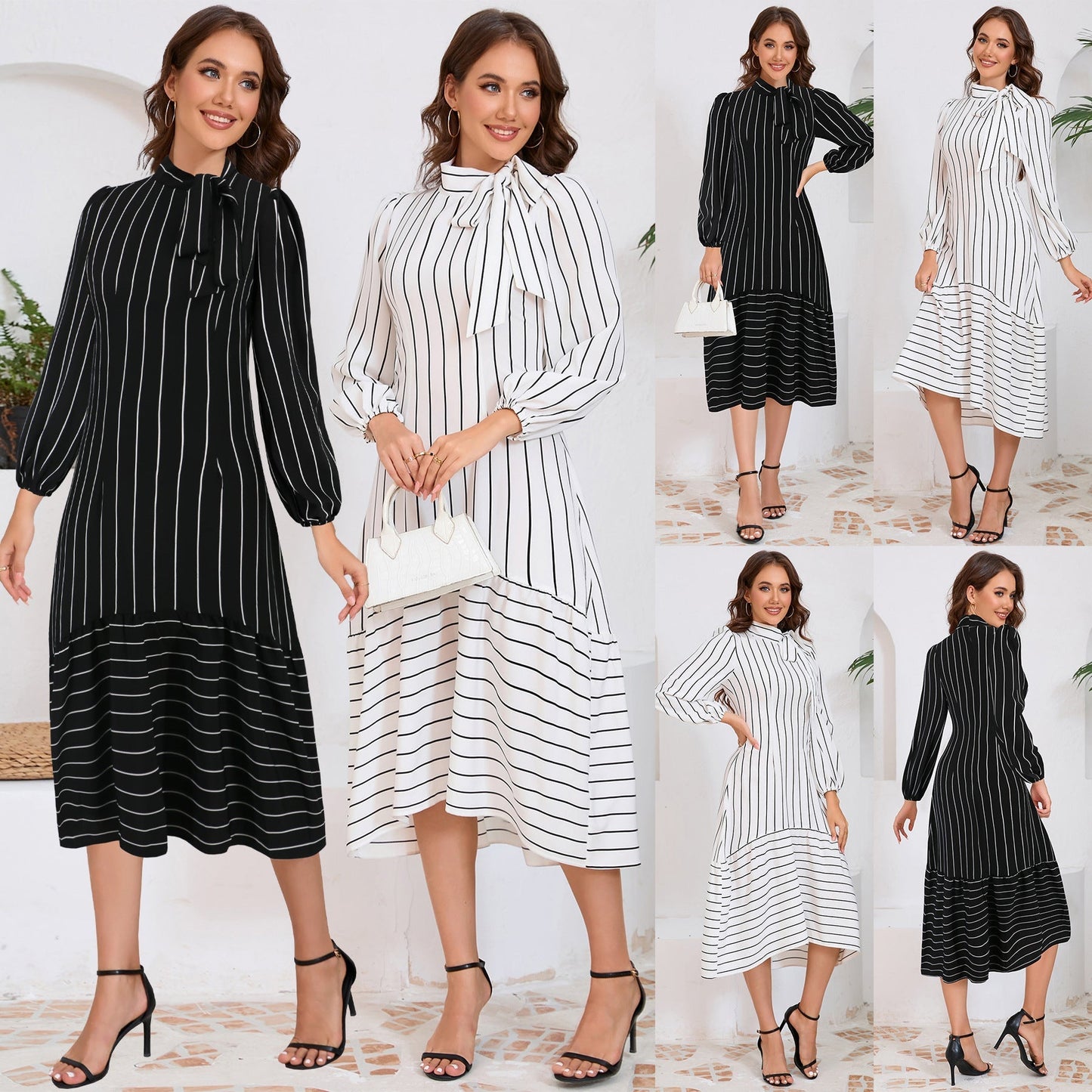 Vestido midi con lazo decorativo y mangas largas – ALAZNE