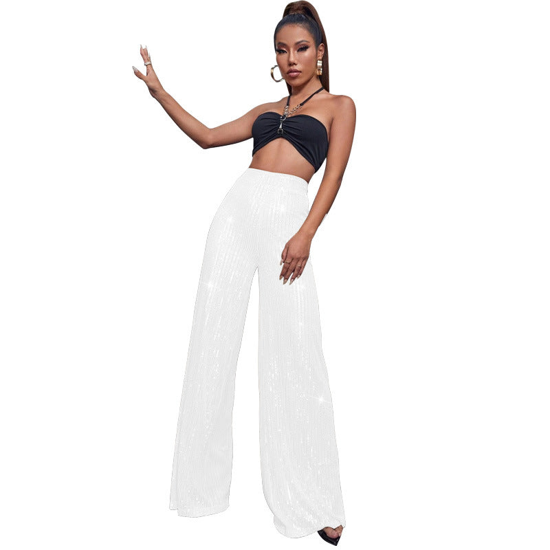 Pantalón de lentejuelas con talle alto y pierna ancha – DAHLIA