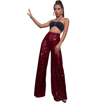 Pantalón de lentejuelas con talle alto y pierna ancha – DAHLIA
