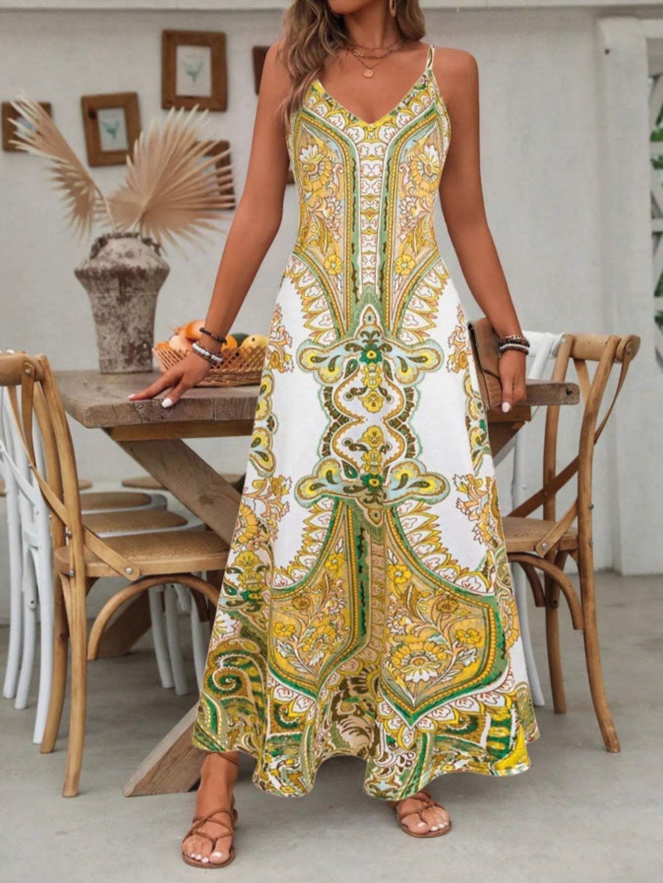 Zahara – Vestido largo bohemio paisley con escote en V para mujer