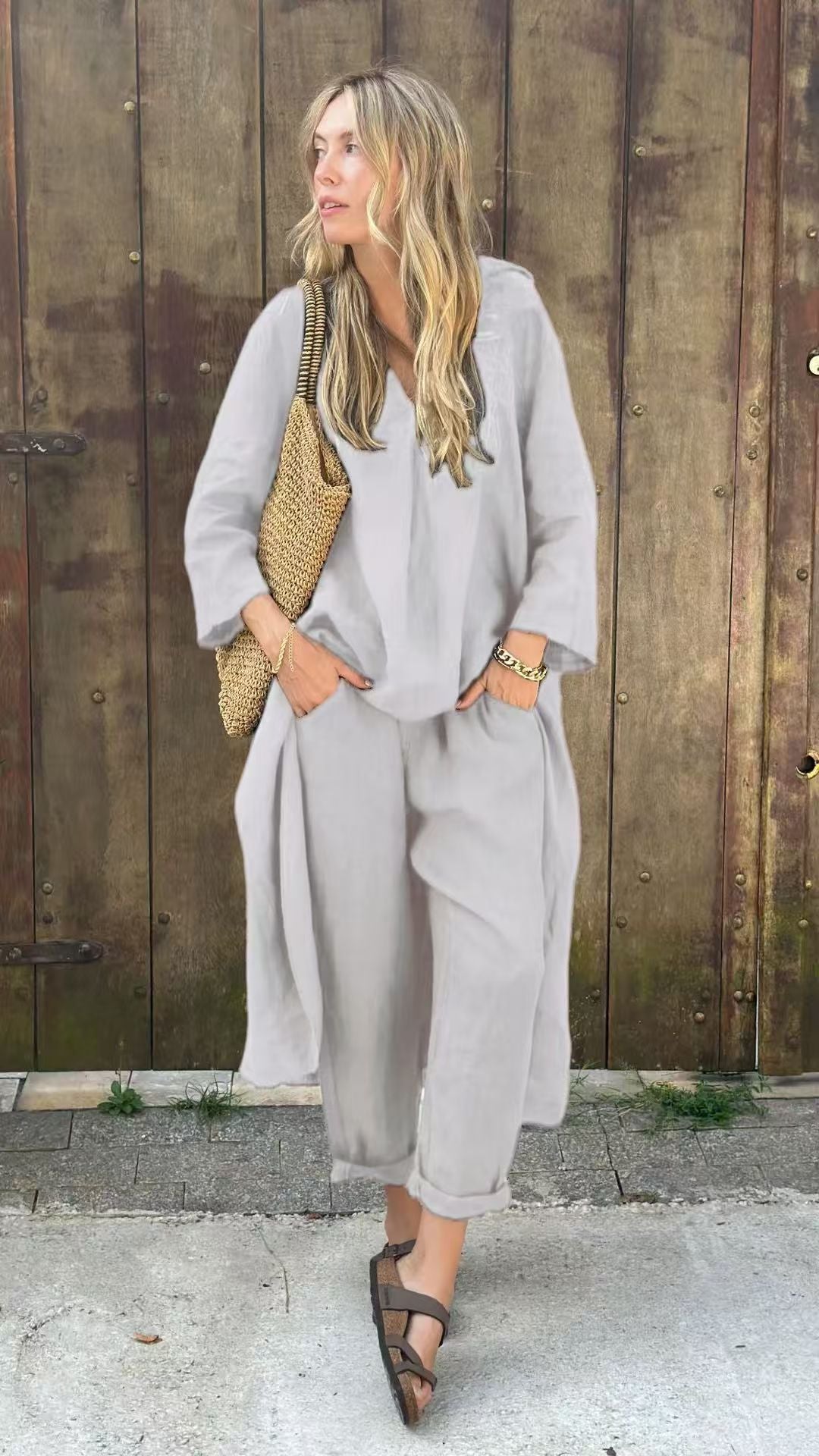 Conjunto de verano de dos piezas con top sin mangas y pantalón fluido – JUNA