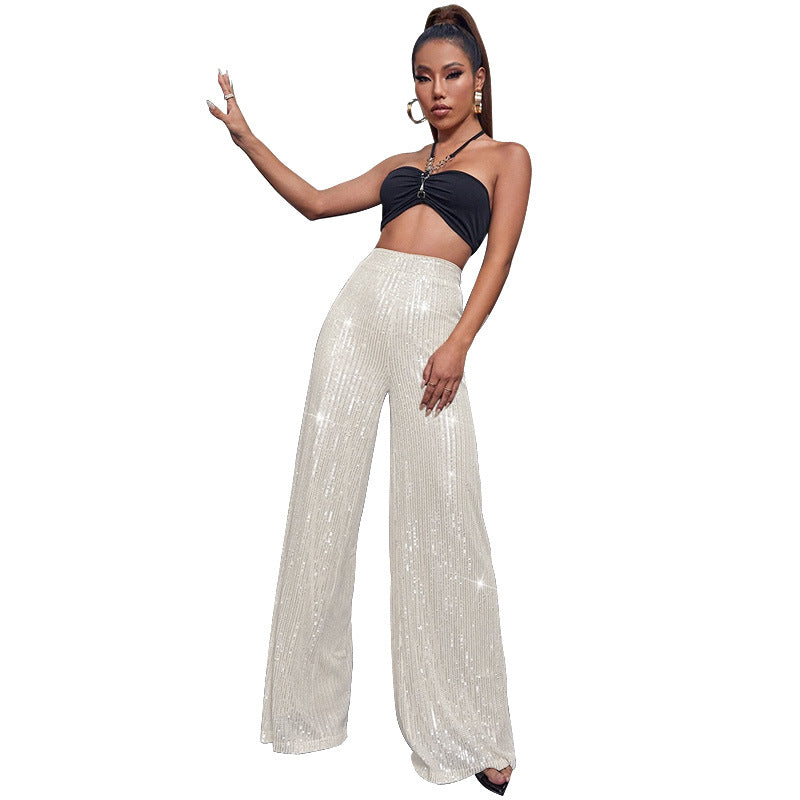 Pantalón de lentejuelas con talle alto y pierna ancha – DAHLIA