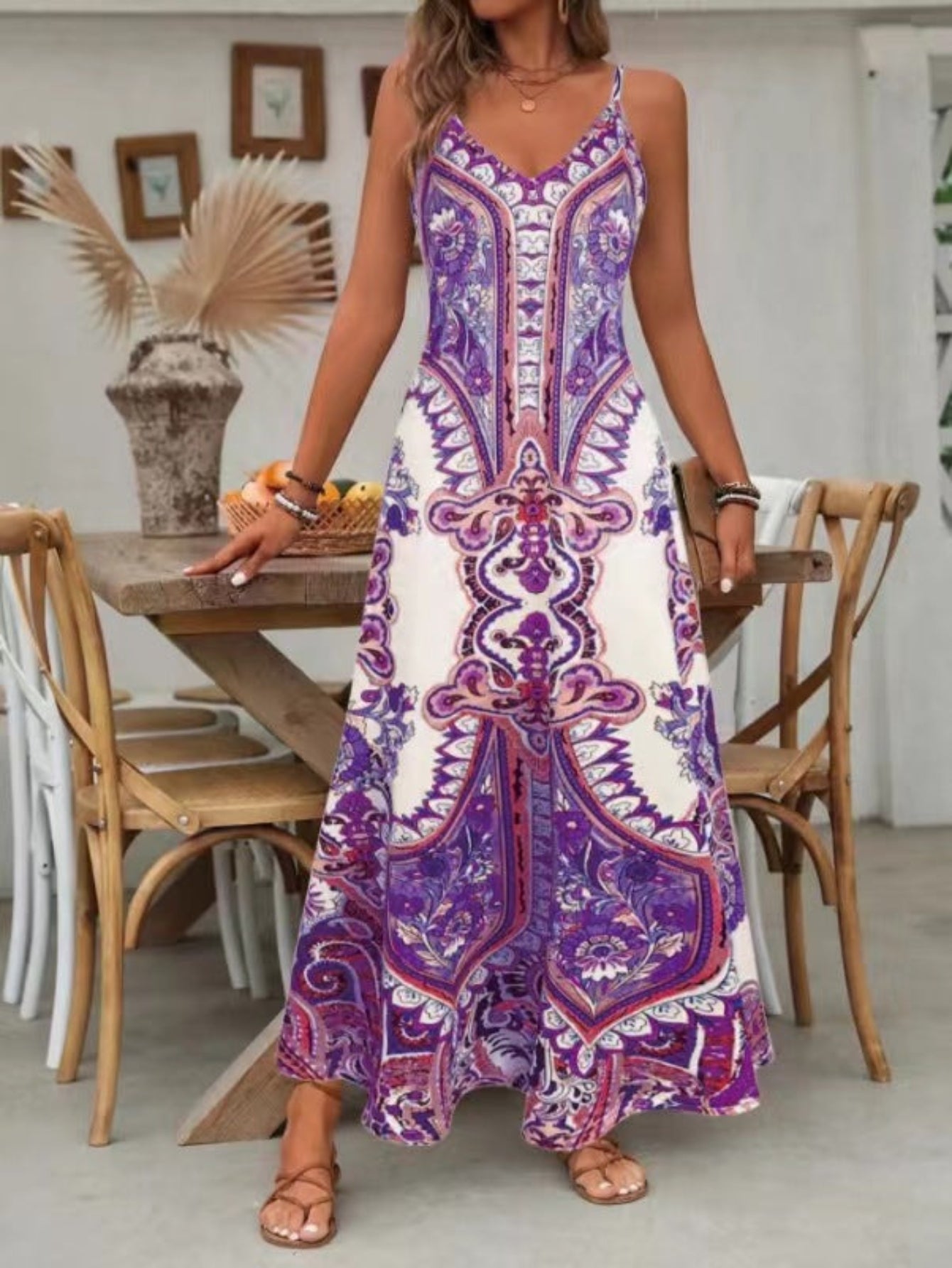 Zahara – Vestido largo bohemio paisley con escote en V para mujer