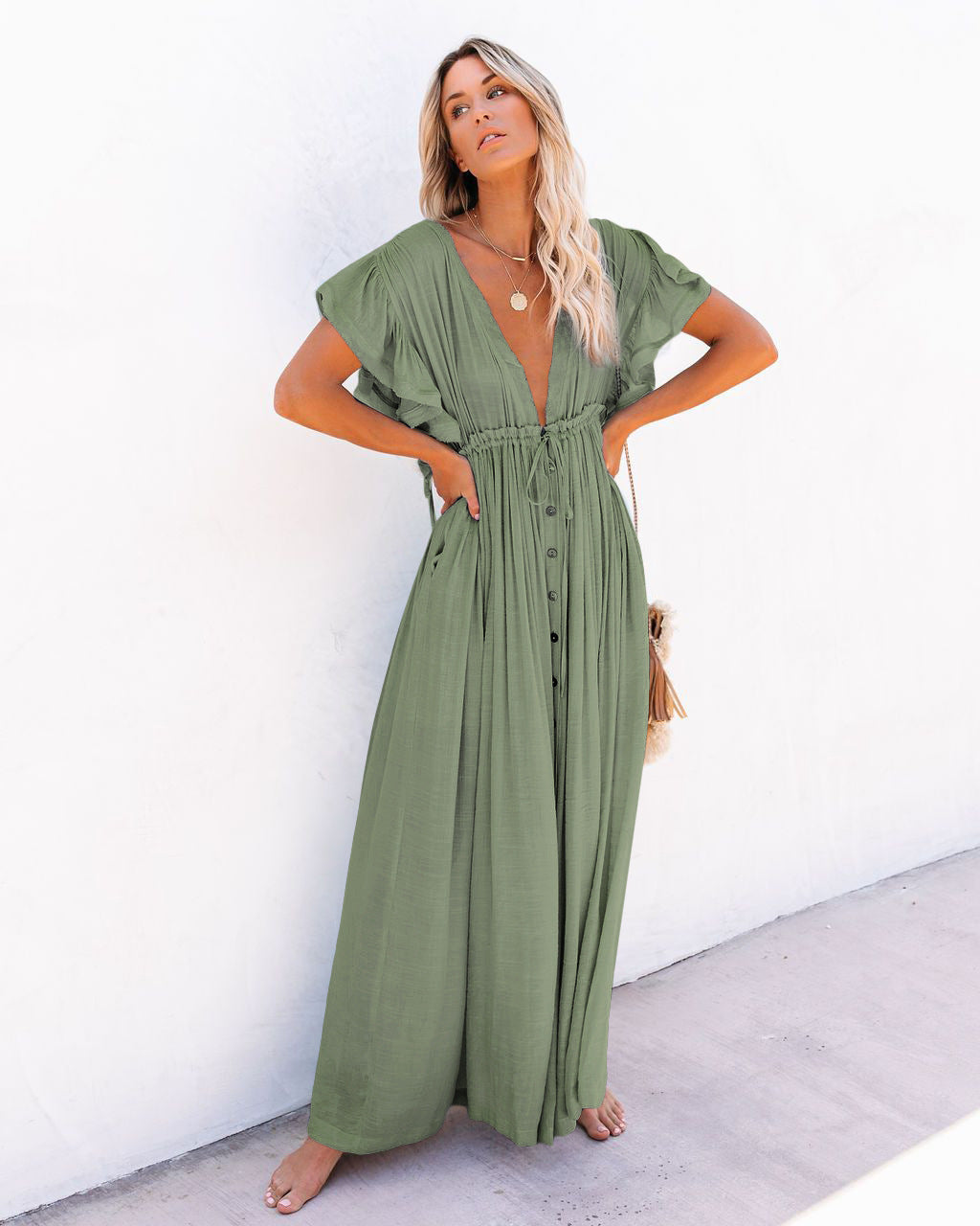 MARINA – Vestido largo de verano con botones y estilo bohemio para mujer