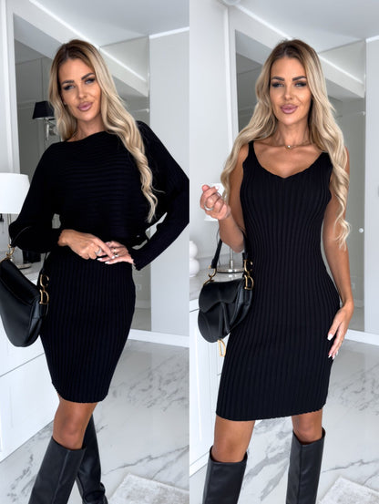 Micaela - Conjunto de Vestido Midi y Top Corto Manga Larga de Punto Acanalado Ajustado Primavera Verano Para Mujer Negro