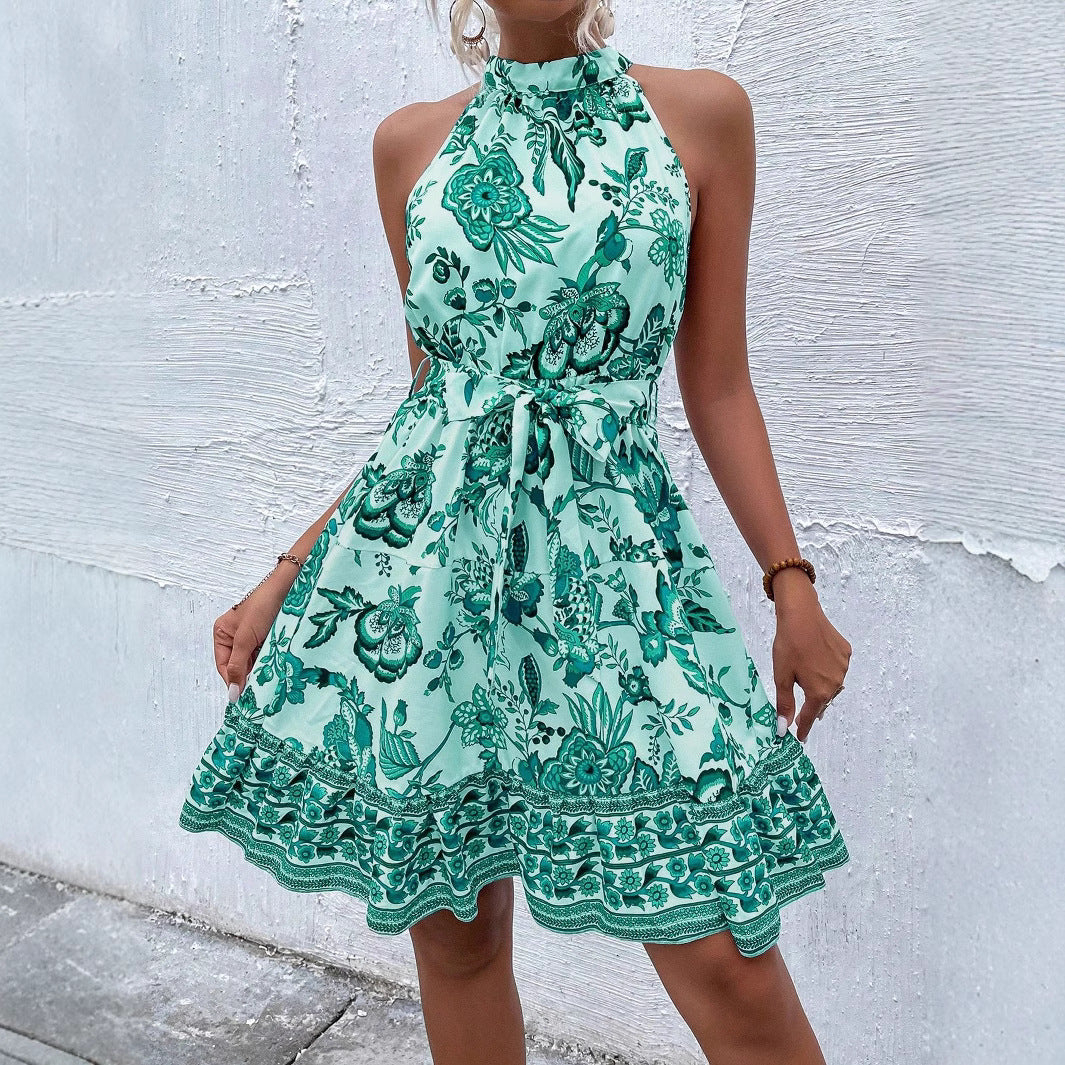 LOUNA – Vestido midi para mujer con cuello halter y cinturón