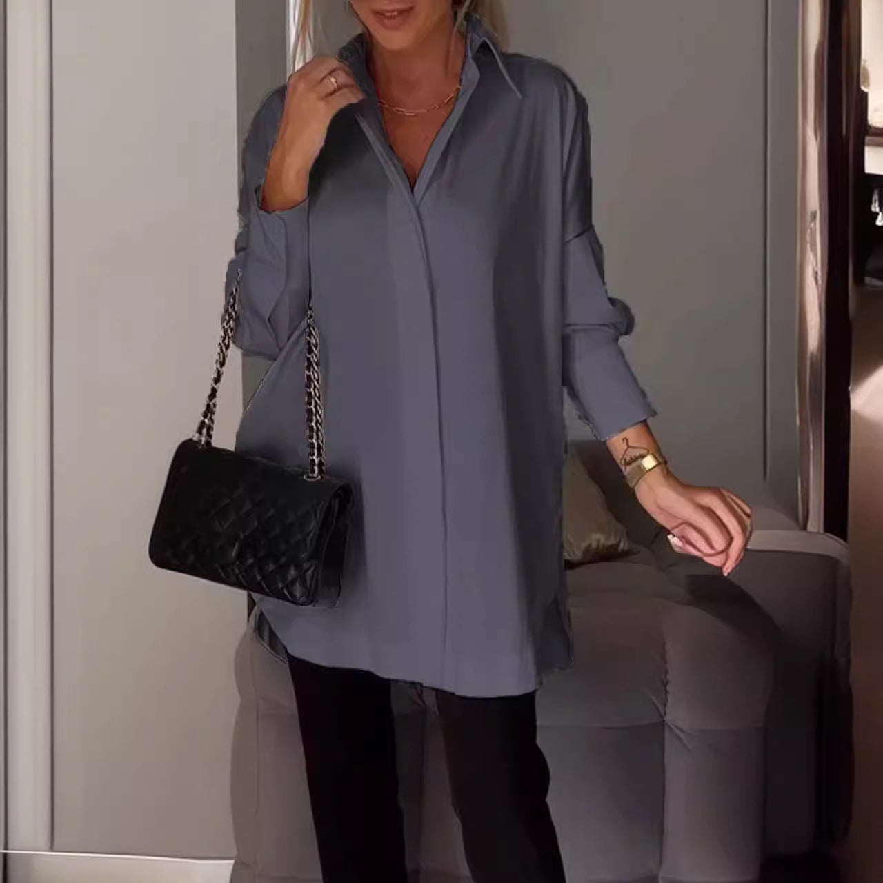 Celestia – Blusa oversized de algodón con cierre de botones para mujer