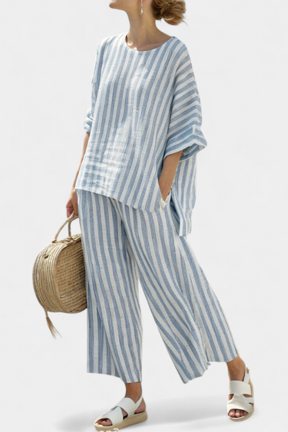 Rensleigh – Conjunto veraniego de top de rayas azules en lino y pantalones relajados para mujer