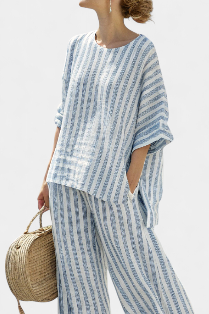 Rensleigh – Conjunto veraniego de top de rayas azules en lino y pantalones relajados para mujer