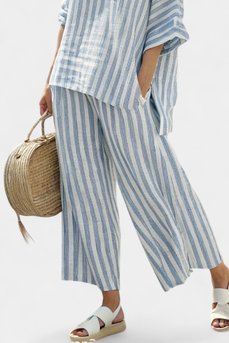 Rensleigh – Conjunto veraniego de top de rayas azules en lino y pantalones relajados para mujer