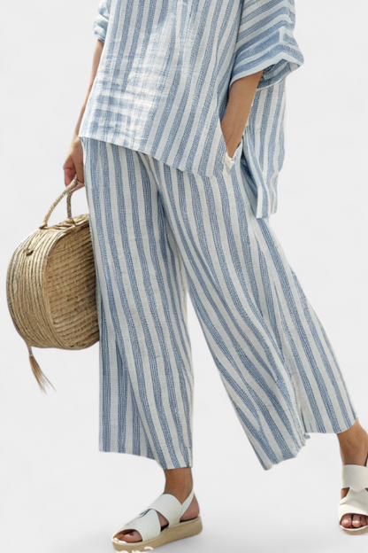 Rensleigh – Conjunto veraniego de top de rayas azules en lino y pantalones relajados para mujer