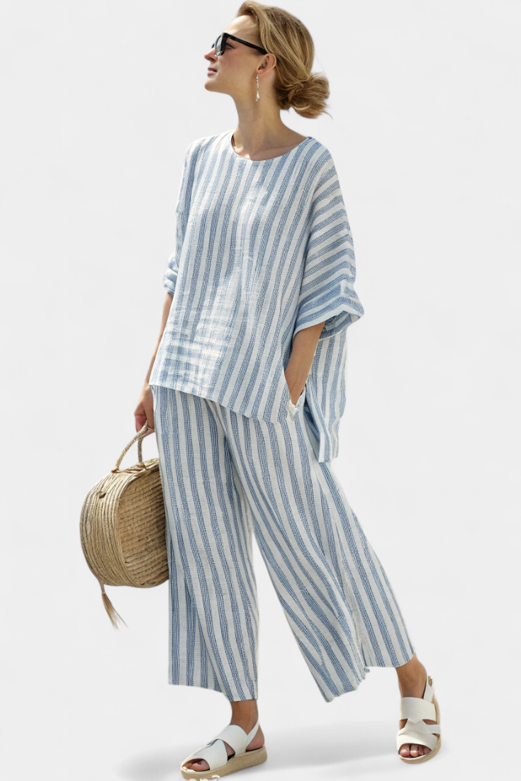 Rensleigh – Conjunto veraniego de top de rayas azules en lino y pantalones relajados para mujer