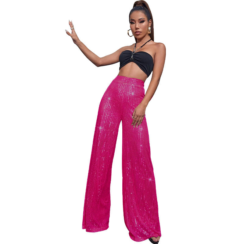 Pantalón de lentejuelas con talle alto y pierna ancha – DAHLIA