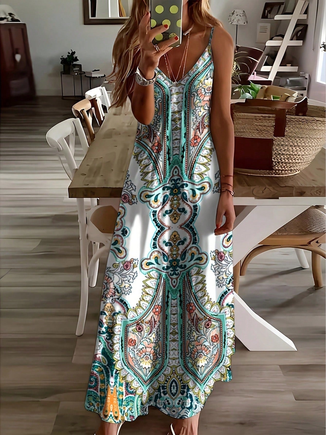Zahara – Vestido largo bohemio paisley con escote en V para mujer