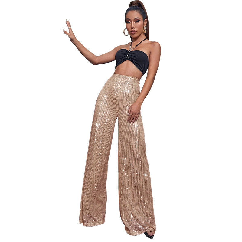 Pantalón de lentejuelas con talle alto y pierna ancha – DAHLIA