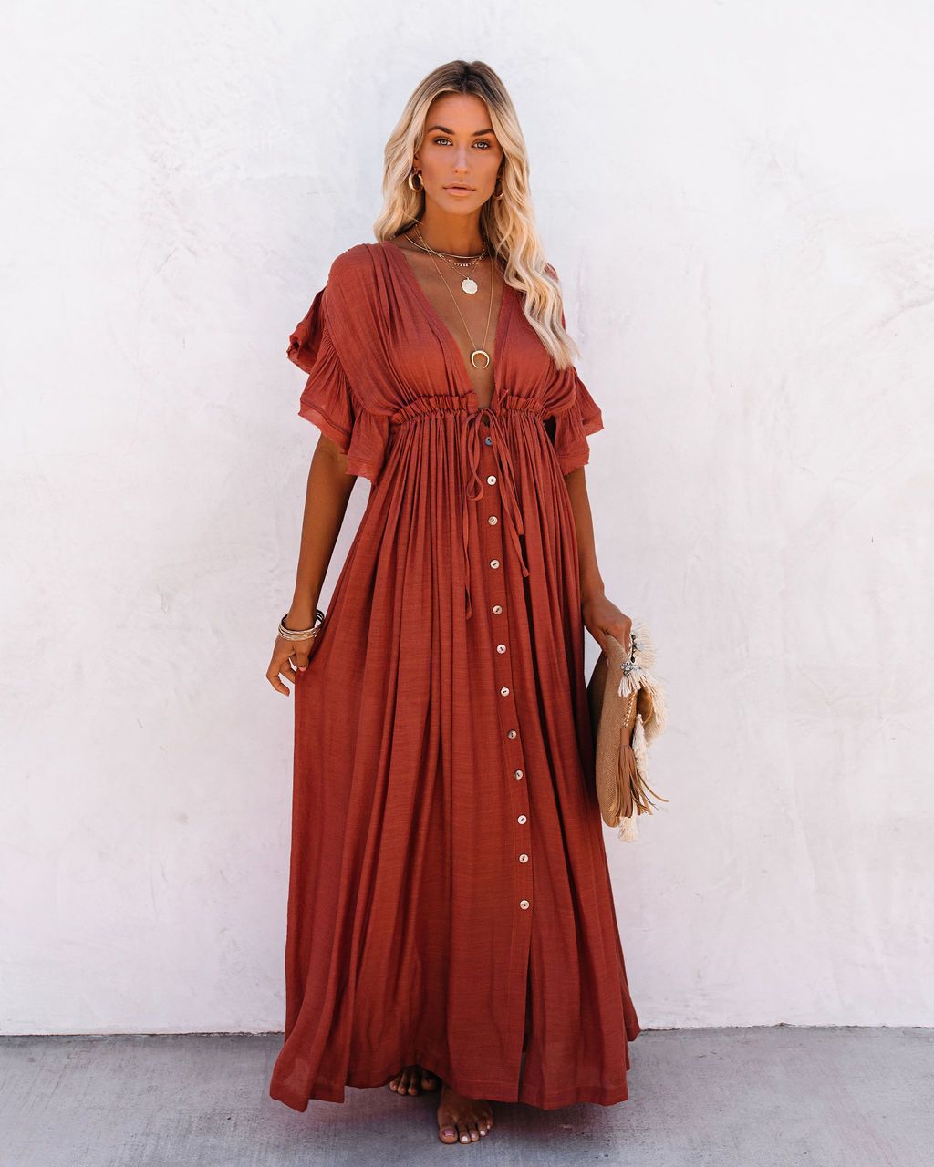 MARINA – Vestido largo de verano con botones y estilo bohemio para mujer