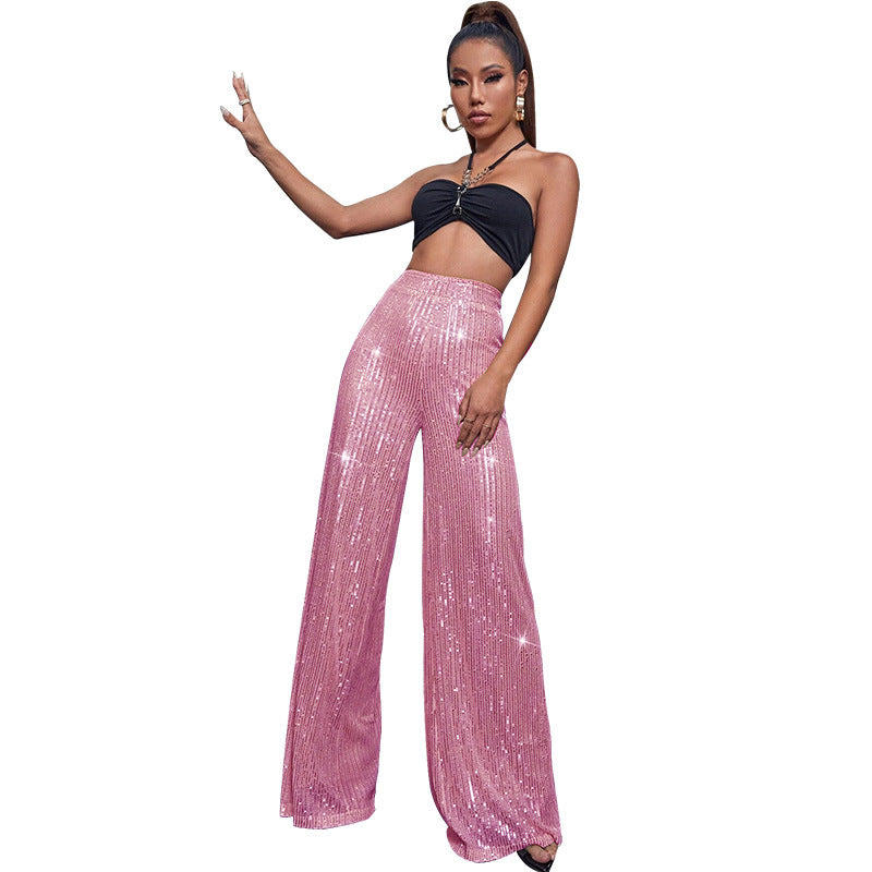 Pantalón de lentejuelas con talle alto y pierna ancha – DAHLIA