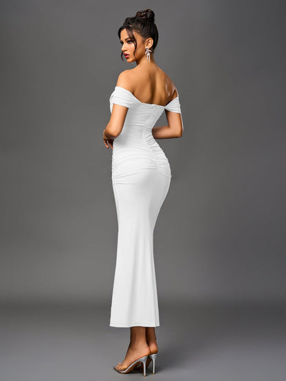 Estela – Vestido largo ajustado con escote de hombros descubiertos para mujer