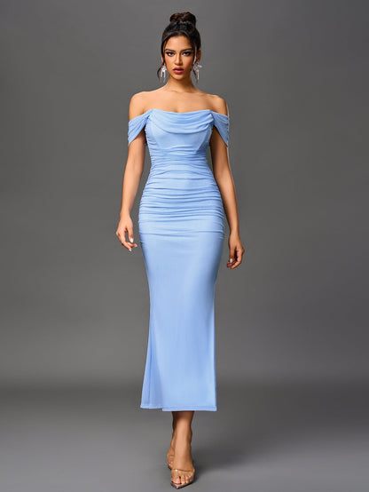 Estela – Vestido largo ajustado con escote de hombros descubiertos para mujer