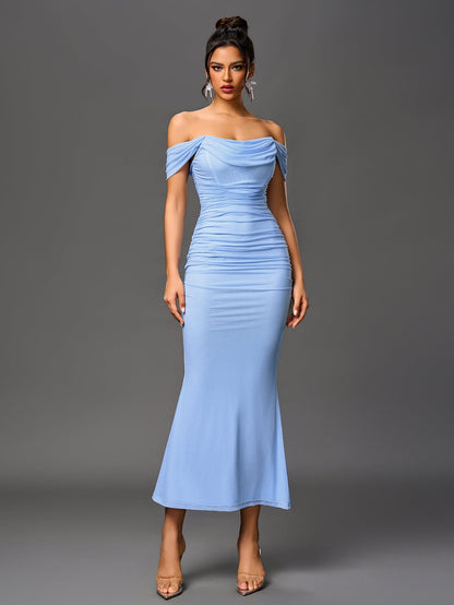 Estela – Vestido largo ajustado con escote de hombros descubiertos para mujer