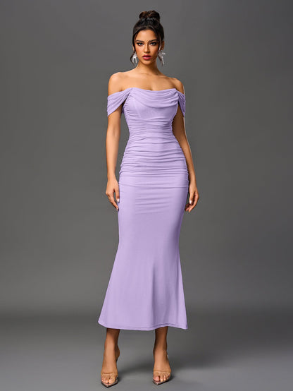 Estela – Vestido largo ajustado con escote de hombros descubiertos para mujer