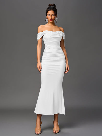 Estela – Vestido largo ajustado con escote de hombros descubiertos para mujer