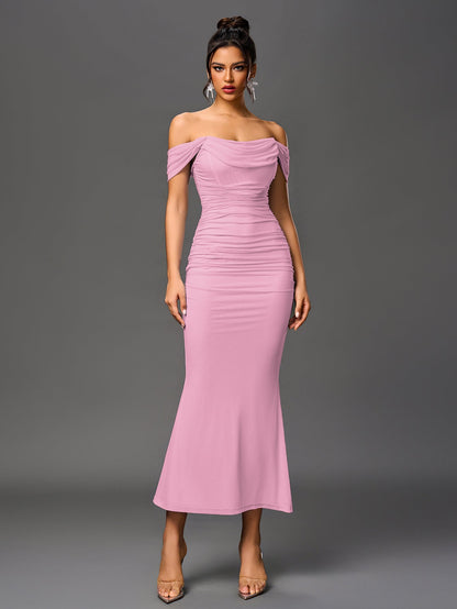 Estela – Vestido largo ajustado con escote de hombros descubiertos para mujer